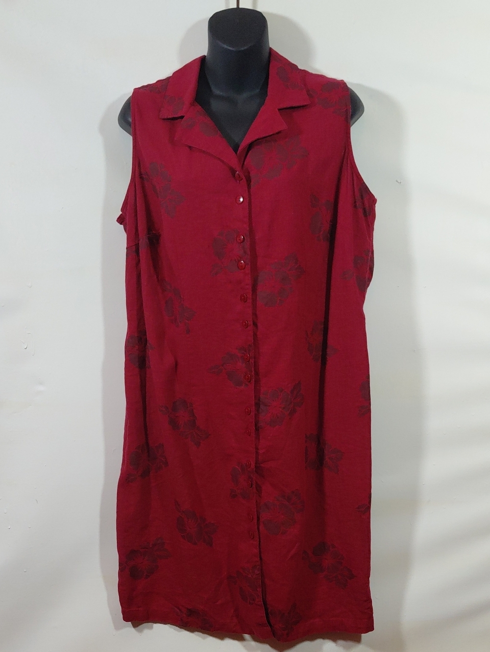 White Stag Sleeveless Linen Blend Burgundy Button Down Floral Shirt Dress Sz 16W